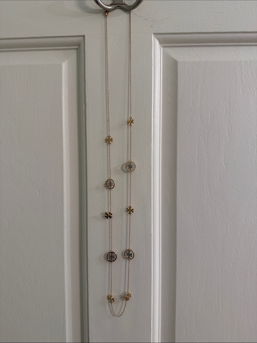 Tory Burch Rose Gold Long Necklace with Logo Medallions and Floral Charms
